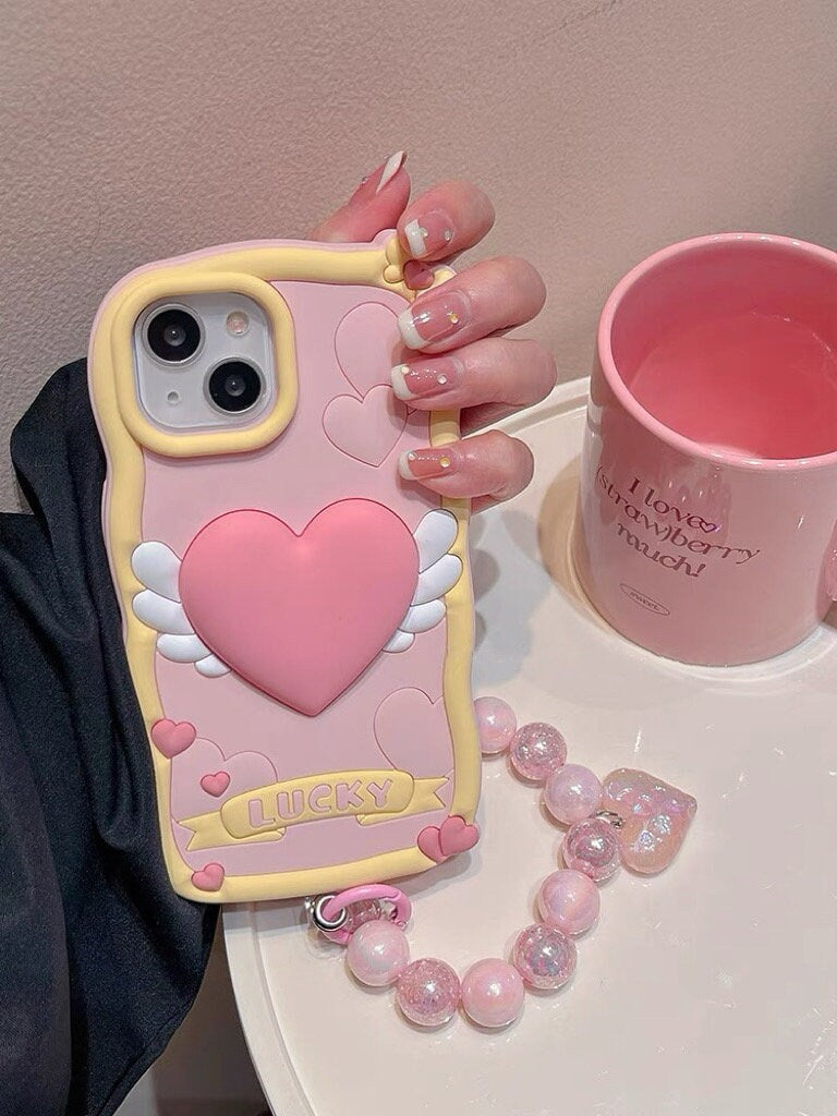 Cute Baby Pink 3D Heart with Wings Design Protective Shockproof iPhone Case + Pearlescent Bead Strap for iPhone 11 12 13 14 15 Pro Max