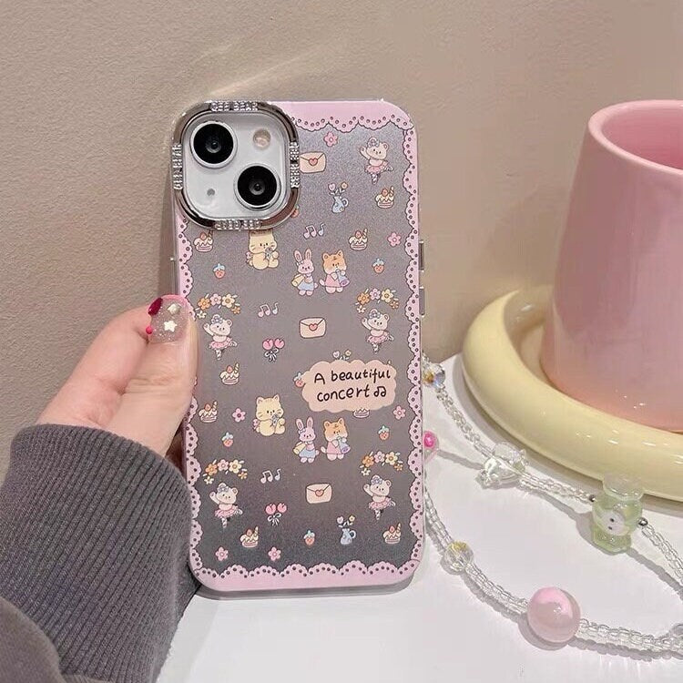 Cute Electroplated Matte Silver Cartoon Animals Design + Hand Strap Protective Shockproof Phone Case for iPhone 11 12 13 14 15 Pro Max Case