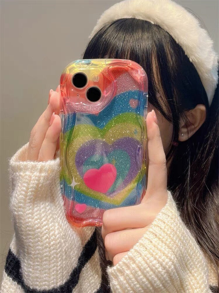 Cute Rainbow Colorful Heart Tunnel Shimmer Glitter Sparkle Design Protective Shockproof iPhone Case for iPhone 11 12 13 14 15 Pro Max