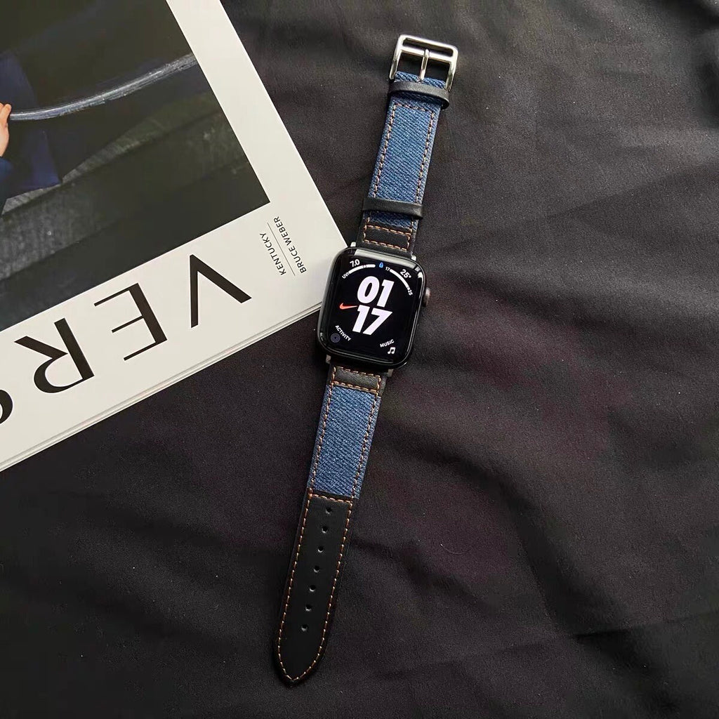 Cute Leather Blue Denim Bracelet iWatch Band Series 1 2 3 4 5 6 7 8 9 Ultra Generation 38mm 40mm 41mm 42mm 44mm 45mm 49mm Apple Watch Strap