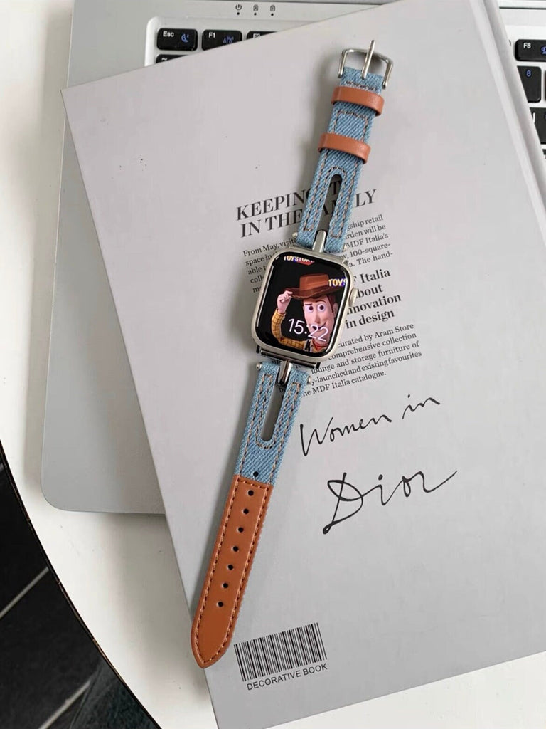 Cute Blue Denim Leather Bracelet iWatch Band Series 1 2 3 4 5 6 7 8 9 Ultra Generation 38mm 40mm 41mm 42mm 44mm 45mm 49mm Apple Watch Strap