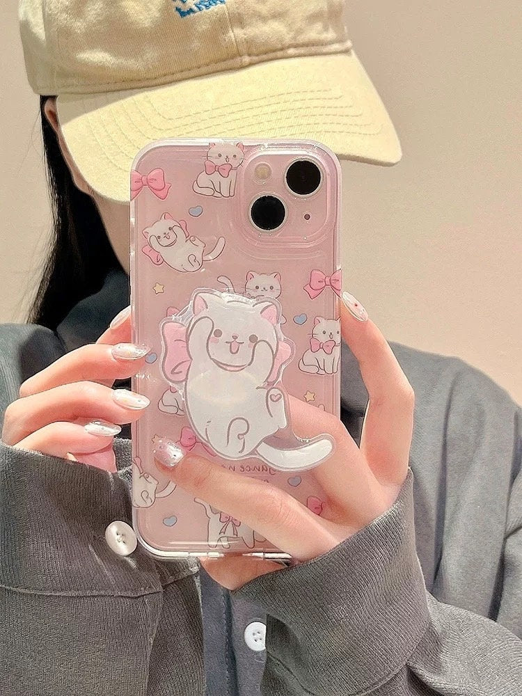 Cute Clear Pink Cute Kitty Print Design + White Cat Pop Up Stand Protective Shockproof Phone Case for iPhone 11 12 13 14 15 Pro Max Case