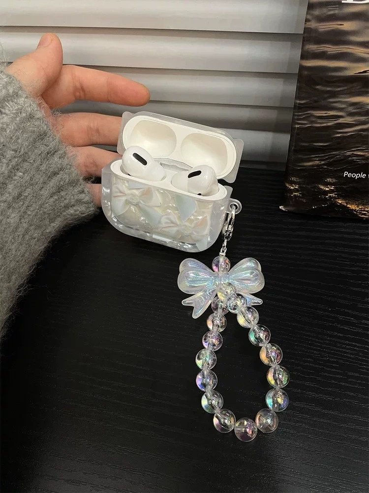 Cute Pearlescent Ribbon Print Protective Cover Case + Holographic Laser Bead Strap for AirPods 1 2 3 Pro 2 Gen Shockproof AirPods Case