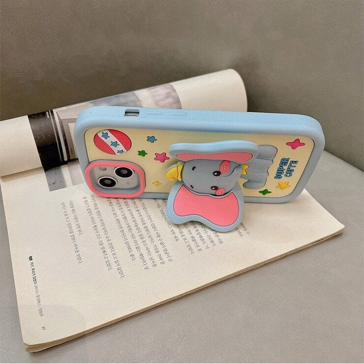 Cute Blue Cartoon Elephant Character With Foldable Big Ears Stand Design Protective Shockproof Phone Case for iPhone 11 12 13 14 15 Pro Max