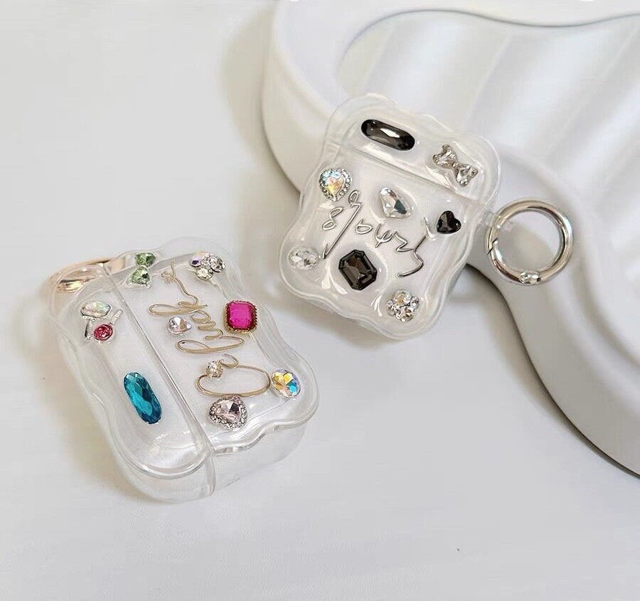 Cute Clear Colorful Gemstone Studded Protective Shockproof Cover AirPods Case + Beaded Pearl Strap for AirPods 1 2 3 Pro 2 Generation