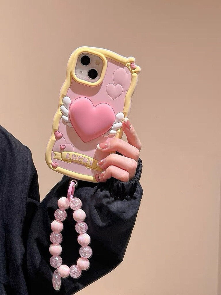 Cute Baby Pink 3D Heart with Wings Design Protective Shockproof iPhone Case + Pearlescent Bead Strap for iPhone 11 12 13 14 15 Pro Max