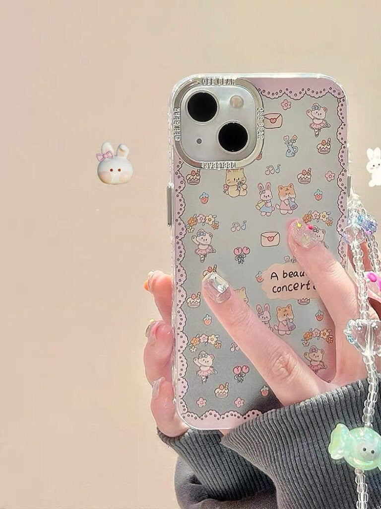Cute Electroplated Matte Silver Cartoon Animals Design + Hand Strap Protective Shockproof Phone Case for iPhone 11 12 13 14 15 Pro Max Case