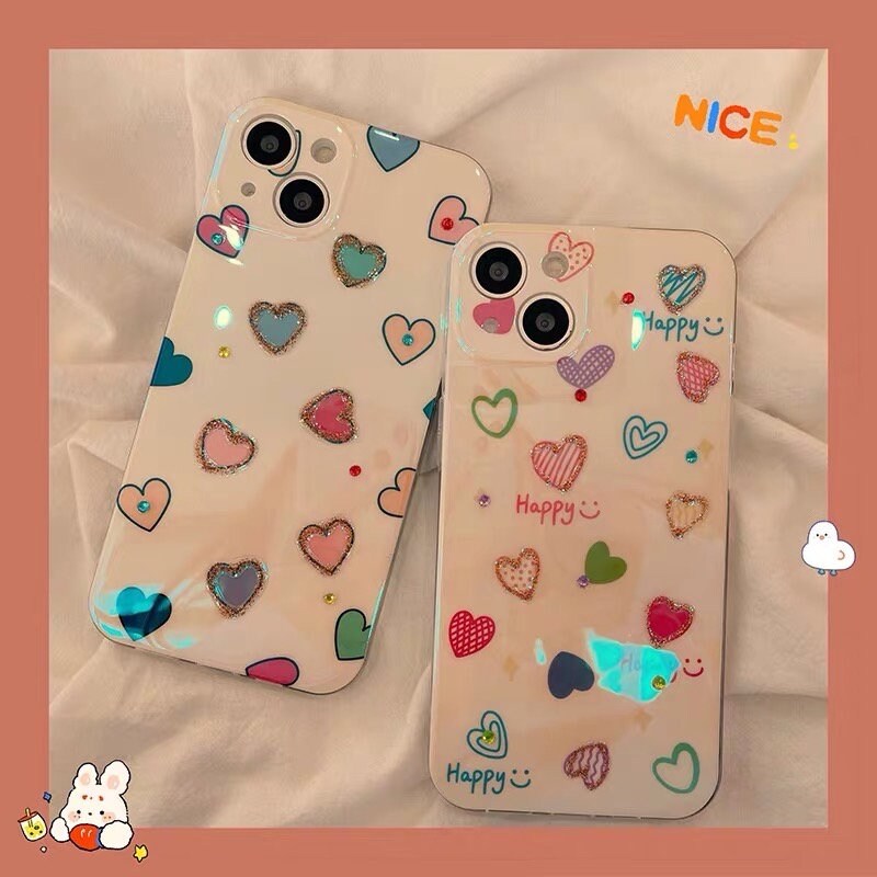 Cute Glossy Pearlescent Colorful Glitter Heart Doodles Drawing Design Protective Shockproof iPhone Case for iPhone 11 12 13 14 15 Pro Max