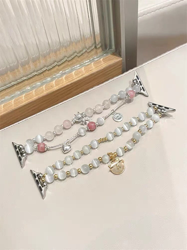 Cute Moon Pearls Beads Charms Bracelet iWatch Band Series 1 2 3 4 5 6 7 8 9 Ultra Gen 38mm 40mm 41mm 42mm 44mm 45mm 49mm Apple Watch Strap
