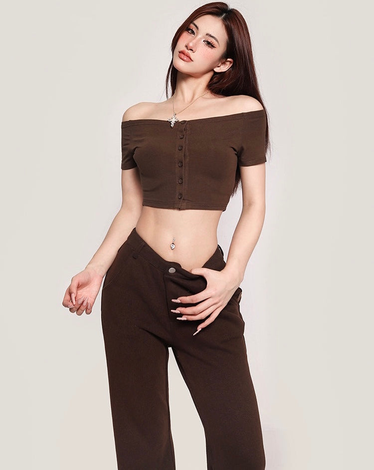 Carla Solid Color Off-the-Shoulder Button Up Slim Cropped Top – Al